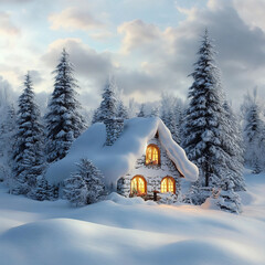 Snow-Covered Cottage in a beautiful Winter landscape