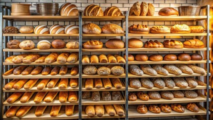 German bakery shelf with a variety of delicious bread loaves , German, bakery, shelf, bread, loaves, tasty, delicious