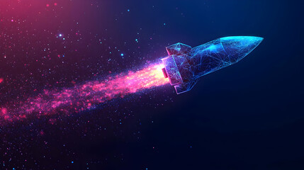 Abstract Polygonal Rocket Ship Blazing Through Space with a Trail of Stars and Neon Lights