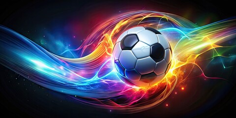 Fototapeta premium Vibrant, stylized illustration of a soccer ball bursting with motion, surrounded by swirling shapes and dynamic lines, conveying energy, speed, and competitive spirit.