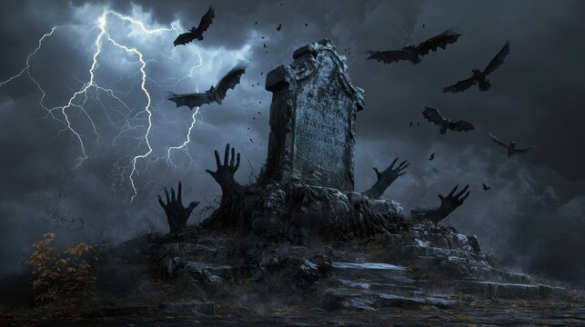 A spooky Halloween display features a cracked gravestone podium with ghostly hands emerging, surrounded by crows and lightning in a dark sky