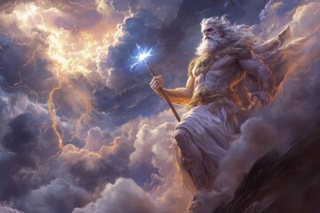 Zeus towering over Mount Olympus, holding his thunderbolt, with clouds swirling around him and lightning crackling through the sky