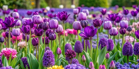 Naklejka premium Perennial flower bed bursting with various shades of purple flowers and bulbs, perennial, flower bed, purple, garden, park