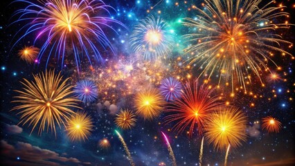 Fototapeta premium Vibrant, swirling fireworks burst across a dark night sky, shimmering with glowing stars and colorful sparks, evoking a sense of magical celebration and joyful wonder.