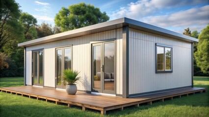 Modular prefabricated house with panels and panoramic windows , modern, architecture, design