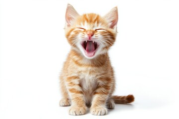 Orange tabby kitten meowing on white background, isolate,