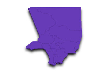 3d Map of Los Angeles County with regions and color. California, United State of America, US, United State