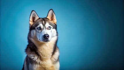 Fototapeta premium Adorable husky dog sitting and looking forward on blue background, husky, dog, pet, animal, sitting, fluffy, cute