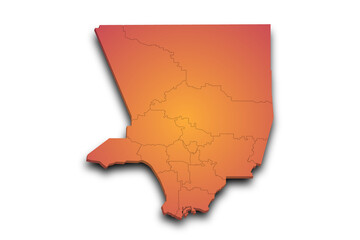 3d Map of Los Angeles County with regions and color. California, United State of America, US, United State