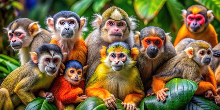 Vibrant tropical habitat filled with diverse primates, including playful capuchin, curious squirrel, and majestic mandrill, showcasing their unique characteristics and colorful fur.