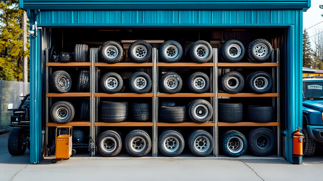 tire store with an outdoor rack showcasing a variety of tires for trucks and all-terrain vehicles, placed neatly on metal racks
