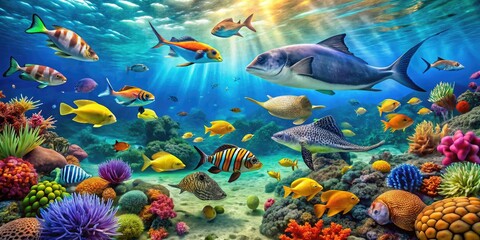 Fototapeta premium Vibrant underwater scene featuring a diverse array of marine life, including colorful fish, coral, sea turtles, and stingrays, swimming in harmony in a crystal-clear ocean.