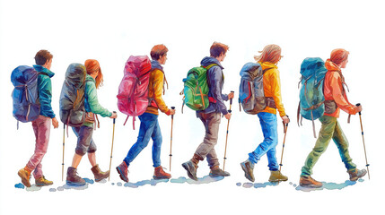 Obraz premium A group of hikers trekking along a scenic trail, equipped with colorful backpacks and trekking poles, embracing adventure and nature.