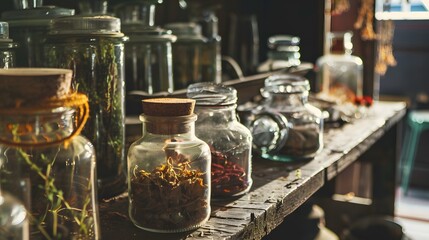 Old apothecary jars filled with ancient herbal remedies, showcasing traditional medicine practices