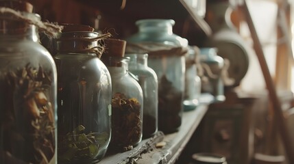 Vintage apothecary jars containing ancient herbal remedies, symbolizing traditional healing methods