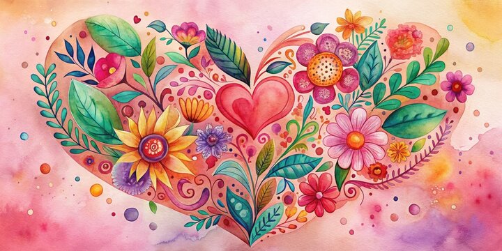 Vibrant watercolor illustration of a heart filled with blooming flowers, surrounded by swirling patterns and whimsical shapes, radiating warmth and love on a soft pink background.