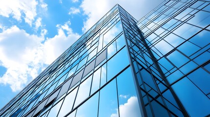 Obraz premium Modern Glass Building Reflecting Sky and Clouds