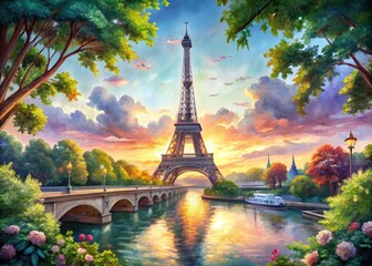 Obraz premium Vibrant watercolor illustration of the Eiffel Tower and Seine River at sunset, surrounded by lush greenery and ornate bridges, evoking romance and whimsy.