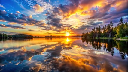 Obraz premium Beautiful sunset reflecting on calm lake surface, sunset, lake, reflection, beautiful, peaceful, tranquil, nature, water, sky