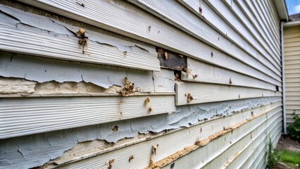 Damaged siding with cracks and bug infestation on side of home , damaged, siding, cracks, bug, infestation, damage