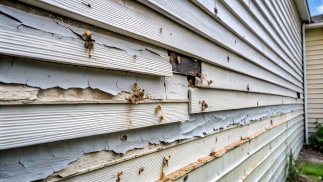 Damaged siding with cracks and bug infestation on side of home , damaged, siding, cracks, bug, infestation, damage