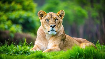 Obraz premium Wild lioness lying on green grass in a natural park setting, Lioness, wild, green grass, park, nature, predator