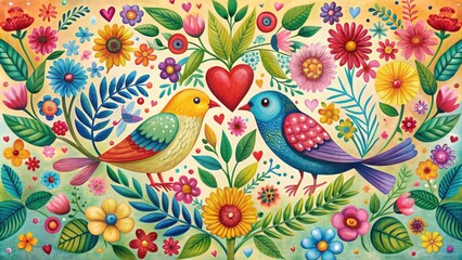 Vibrant, whimsical illustration featuring interconnected hearts, flowers, and birds, symbolizing the beauty, unity, and joy that blossoms from strong, lifelong friendships.