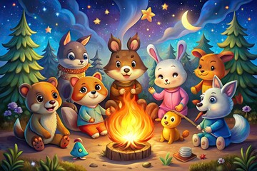 Naklejka premium Vibrant, whimsical illustration of a diverse group of cartoon friends, including animals and fantastical creatures, gathered around a glowing campfire under starry night sky.