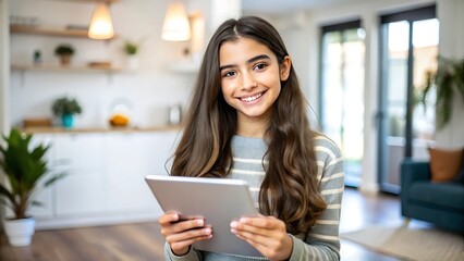 Obraz premium Young woman using a tablet in a modern living room.