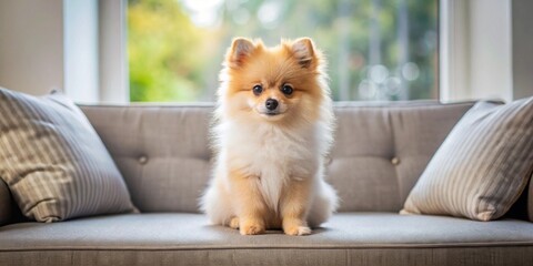 Pomeranian spitz puppy sitting on a sofa in a cozy apartment setting, exuding comfort and warmth, Pomeranian, spitz, dog, puppy, breed