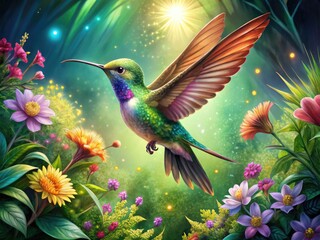 Obraz premium Vibrant, whimsical illustration of a hummingbird in mid-air, surrounded by lush greenery and vibrant flowers, with intricate details and colorful feathers shimmering in sunlight.