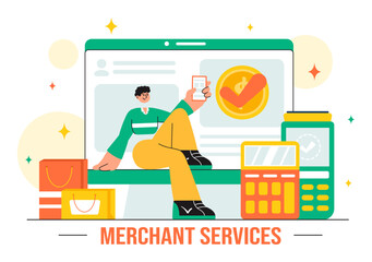 Merchant Services Vector Illustration of a Digital Marketing Strategy with People Referring Businesses and Earning Money Online in a Flat Background