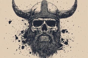 Intricate illustration of a Viking skull with a horned helmet and a fierce expression.