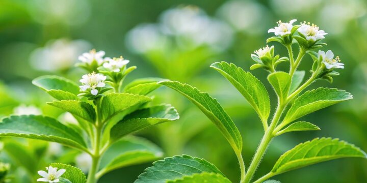 Close up of stevia rebaudiana plant with green leaves and delicate white flowers, stevia, rebaudiana, plant, sugar