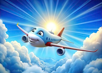 Obraz premium Vibrant, whimsical illustration of a smiling, anthropomorphic airplane soaring through a bright blue sky with fluffy white clouds and a subtle sunburst in the background.
