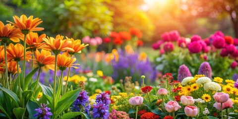Obraz premium Vibrant flowers blooming in a colorful garden setting, floral, blossom, garden, nature, colorful, petals, plants, vibrant