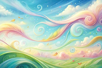 Obraz premium Vibrant, whimsical illustration of swirling wind patterns, featuring soft pastel hues and gentle, curved lines that evoke a sense of gentle breeze on a summer day.