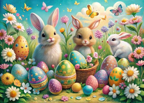 Vibrant, whimsical illustrations of Easter eggs, bunnies, flowers, and chicks adorn a pastel-colored background, showcasing festive springtime cheer and childhood wonder.