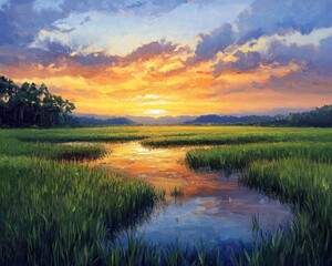 Obraz premium Oil painting depicting a paddy rice field with a sunset over a serene meadow landscape