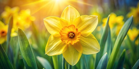 Fototapeta premium Vibrant yellow daffodil bloom with intricate trumpet-shaped center and delicate, curved petals, surrounded by lush green foliage and subtle watercolor textures in soft background.