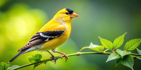 Obraz premium Vibrant yellow goldfinch perched on a delicate twig, showcasing its striking black cap and wings, amidst a lush green leafy background with subtle bokeh effect.
