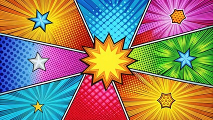 Comic book page background with vibrant colors and dynamic patterns , Comics, book, page, background, vintage, retro