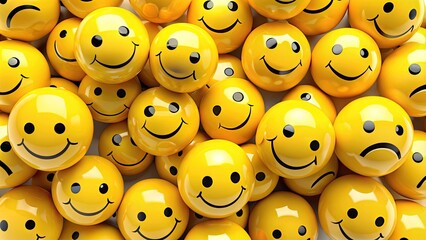 Vibrant yellow smiley faces with various emotions, from joyful and smiling to sad and crying, scattered across a white background, showcasing a range of emotional expressions.