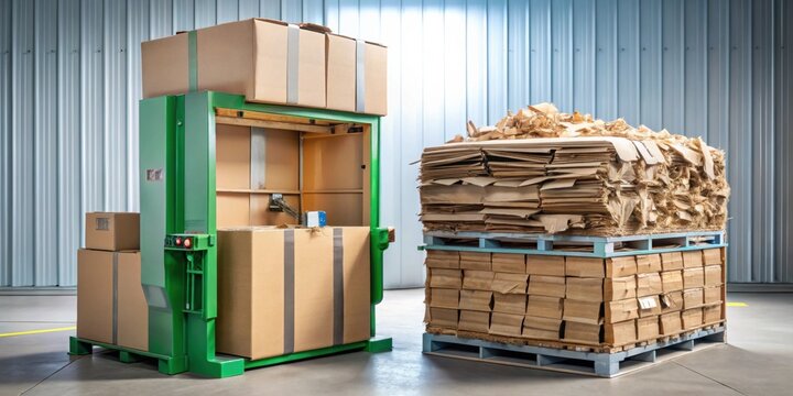 Cardboard baler compacting used cardboard boxes for recycling, recycle, cardboard, baler, compactor, waste management