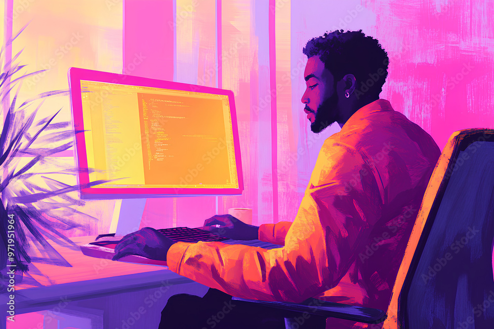 Poster a person coding at a colorful desk with a computer in a vibrant, modern workspace.