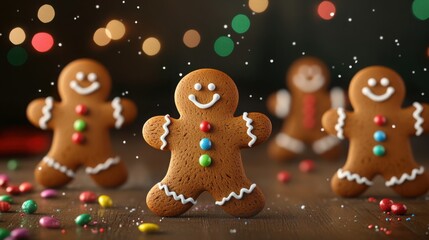 Obraz premium Gingerbread men dancing, holiday wallpaper with candy accents, 3D illustration
