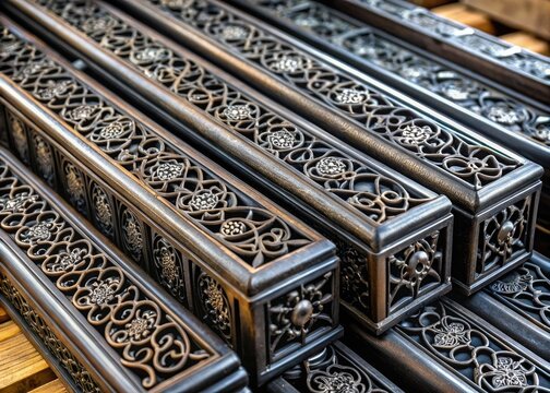 Vintage black metal rectangular tubes with ornate details and intricate patterns, commonly used in traditional crafts and DIY home decor projects.