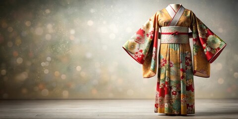 Naklejka premium Traditional Japanese kimono dress with intricate patterns and elegant design, kimono, Japanese culture, traditional dress