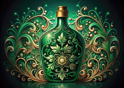 Vintage-inspired illustration of a mysterious, emerald-green liquor bottles adorned with ornate filigree, flowers, and abstract shapes, evoking mystique and artistic revelry.