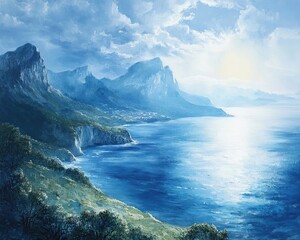 Obraz premium Oil painting depicting breathtaking sea and mountains evoking a sense of freedom and tranquility capturing nature s beauty and emotional serenity